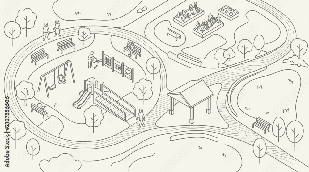 Obraz premium A schematic overhead view presents a recreational area featuring pathways, seating benches, garden beds, and climbing frames where people engage in outdoor leisure activities during a sunny