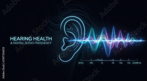 Glowing neon outline of a human ear with colorful sound waves. Hearing health and digital audio frequency infographic. Concept of audiology, acoustics, and sound technology