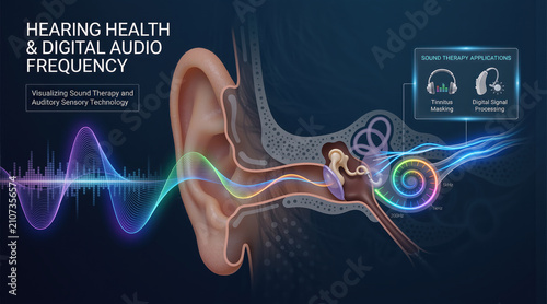 Infographic of human ear anatomy and hearing health. Colorful sound waves entering the auditory canal and cochlea. Digital audio frequency and therapy concept