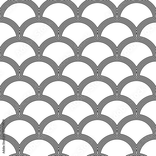 Fish scale wallpaper. Asian traditional ornament with repeated scallops. Repeated black curves on white background. Seamless surface pattern design with semicircles. Grid motif. Digital paper. Vector.