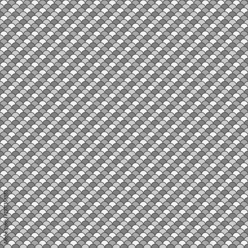 Fish scale wallpaper. Asian traditional ornament with repeated scallops. Repeated white curves on black background. Seamless surface pattern design with semicircles. Grid motif. Digital paper.