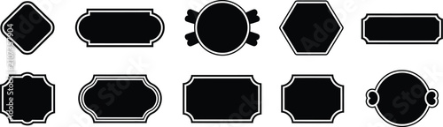 Fotografía Badge, and label shapes set, vintage black patch templates, emblem frames, insignia symbols, decorative overlays, branding assets, isolated on white background