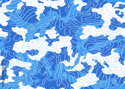 Full Seamless blue winter camouflage print filled with white topographic lines. A cool map inspired vector pattern and fabric texture for sports clothing, bags, wallpaper and icy background use.