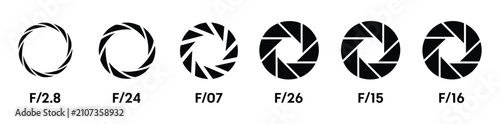 Foto Camera Aperture Settings: A series of graphic illustrations display different camera aperture settings, showcasing the opening and closing blades and their corresponding f-stop values