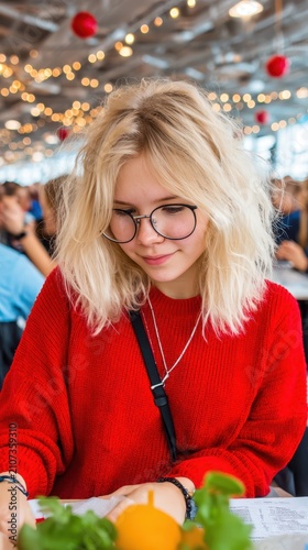 Young woman with blonde hair and round glasses wearing a red sweater sitting at a cafe table reading a menu while surrounded by blurred holiday decorations in the background during the wintertime