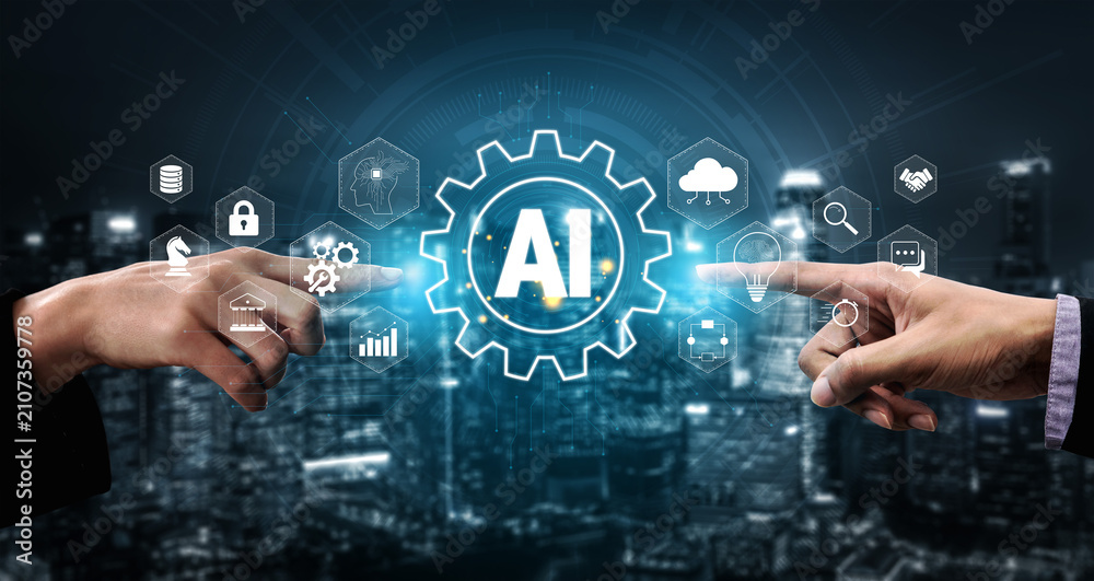 Obraz premium Hands Reaching Out to AI Concept Symbolizing Technology and Innovation in the Digital Age with City Skyline Background Quark.