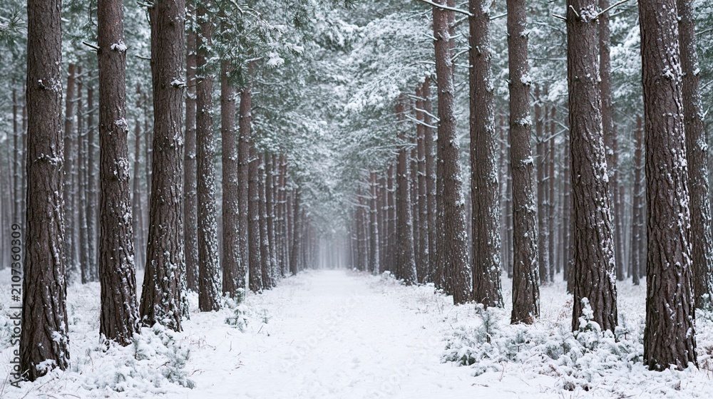 Obraz premium Snowy pine forest path with tall trees creating a symmetrical alleyway under a soft winter sky