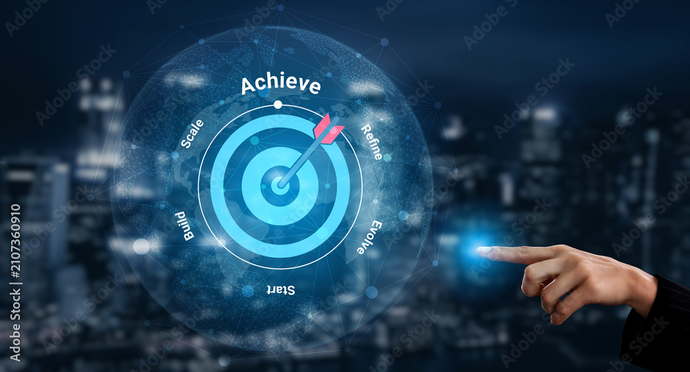 Fototapeta premium Visual representation of business achievement and strategy focusing on digital innovation in a modern technology landscape, emphasizing target success and growth metrics. Gantry