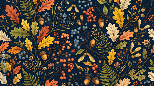 Autumn harvest pattern with leaves acorns and berries seasonal botanical background seamless illustration colorful thanksgiving harvesting decoration