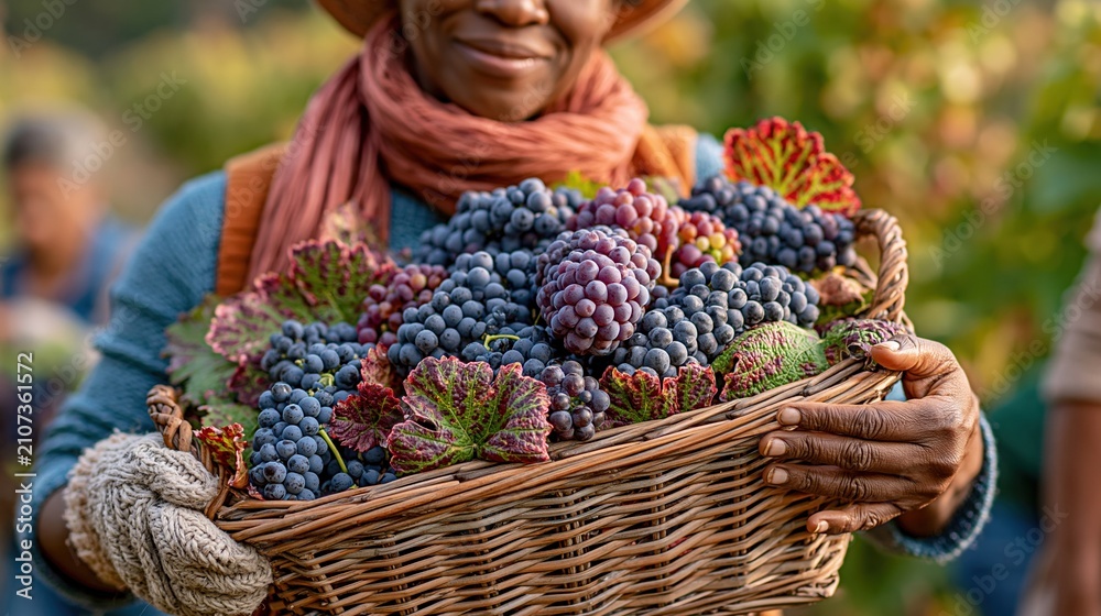 Obraz premium Smiling African American woman holding a basket full of freshly harvested dark grapes in a vineyard during autumn