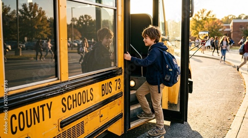 Young boy with backpack stepping onto a yellow school bus on a sunny morning, back to school transport concept.