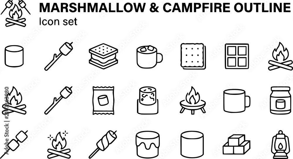 Fototapeta premium Marshmallow and Campfire Treat Outline Icon Set Featuring Roasted Marshmallows, S'mores, Hot Cocoa and Campfires for Camping, Outdoor Cooking and Food Branding, Editable Stroke Vector Collection