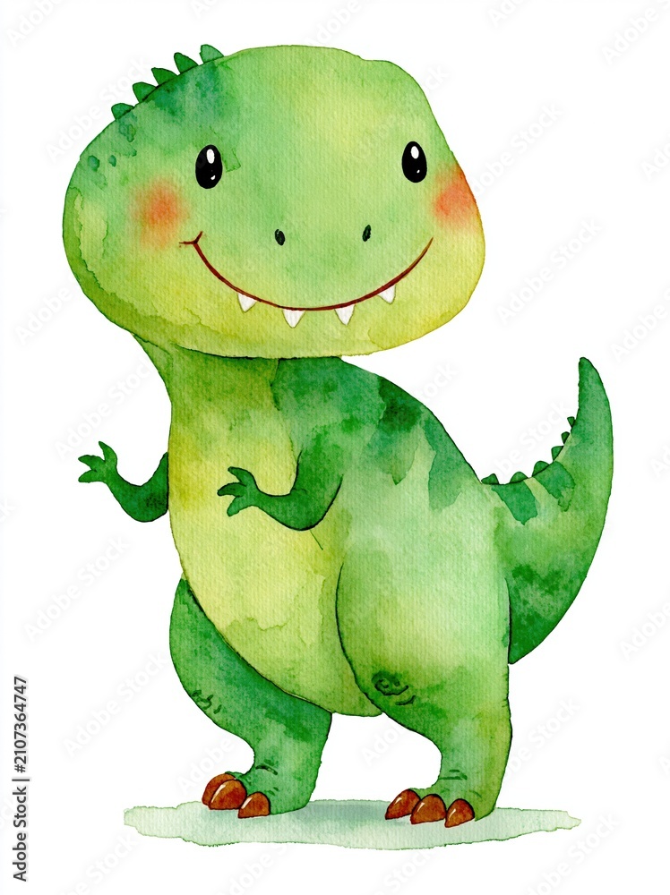 Fototapeta premium Adorable watercolor illustration of a happy green baby dinosaur standing and smiling, perfect for children's themes.