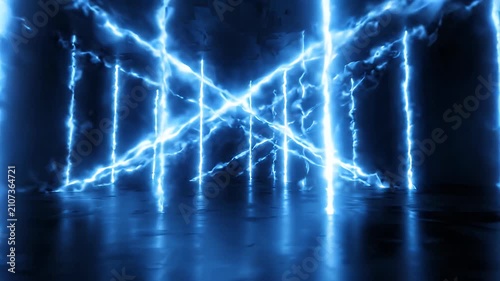 Vertical blue electric lightning bolts on black floor.