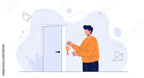 Man holding key opens door, abstract background, concept for opportunity, success, new beginnings, real estate, and solutions