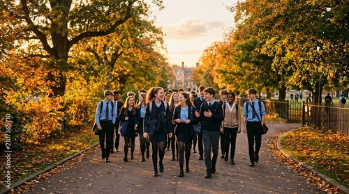 High school students in uniforms walking together through a scenic autumn park on a sunny day.