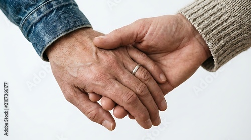 An elderly couple holding hands with love and care