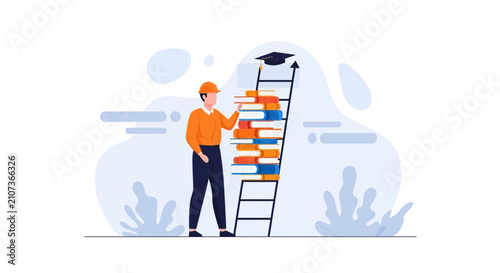 Person climbing ladder of books towards graduation cap, symbolizing education, knowledge, and career growth
