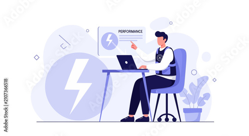Man working on laptop with performance analysis chart and lightning bolt icon, modern flat illustration.