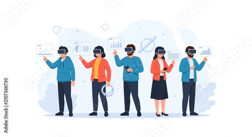 People Using Virtual Reality Headsets Interacting with Digital Data and Graphs in a Modern Metaverse Concept