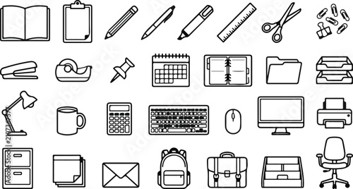 фотографія Set of hand drawn office and school supply icons isolated on a white background