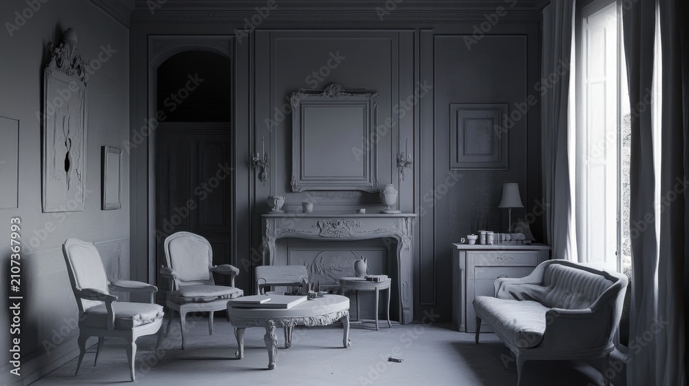 Obraz premium Elegant monochrome living room with classic furniture and vintage decor