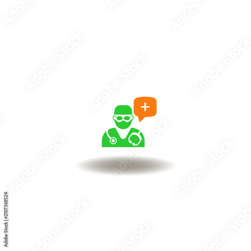 Vector illustration of doctor and speech bubble with medical cross. Symbol of patient healthcare advice. Icon of physician consult.