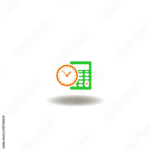 Vector illustration of calculator with clock. Symbol of quarterly report. Icon of accounting. Sign of calculation time deadline.