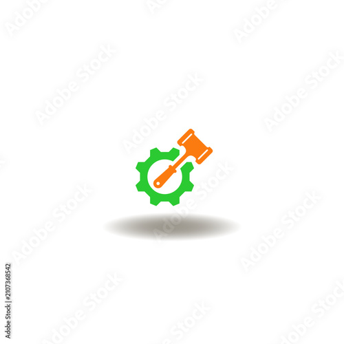 Vector illustration of gear wheel with judge gavel. Symbol of paralegal job.