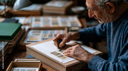 Collector carefully labeling vintage stamps and placing them, philatelist hobby and meticulous care concept, with copy space