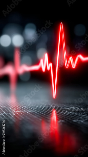 Heartbeat line in bright display. The lights show a red heartbeat line on a dark surface with blurred lights behind. It shows strong health signals.