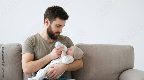 A loving father feeding his baby with a bottle on the couch