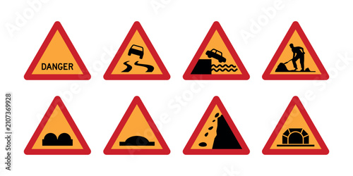 Photos Dangerous Road Conditions Warning Signs with Slippery Surface, Quayside, Roadwor