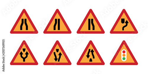 Canvas Print Road Layout Warning Symbols Set with Narrowing Lanes, Traffic Islands, Obstructi