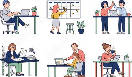 Office Work Flat Illustration Set – Business People Working, Planning, Collaborating and Celebrating Success, Vector Character Scenes