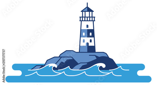 Stylized illustration of a lighthouse on a rocky island surrounded by waves
