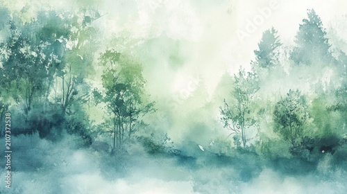 Serene misty forest landscape with lush green trees and foggy mountains