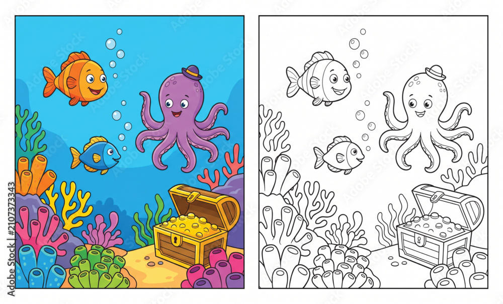 Fototapeta premium Underwater sea animal coloring sheet with colored sample set, cute octopus and treasure chest for kids