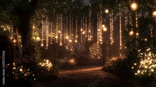 Enchanted forest pathway illuminated with hanging fairy lights at twilight