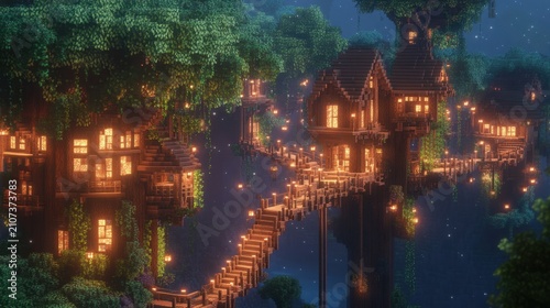 Minecraft treehouse village at night: illuminated forest retreat