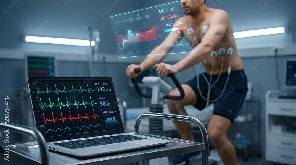 Fototapeta premium Man performing stress test on exercise bike with digital monitor