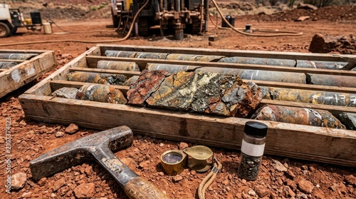 Core boxes with mineralized rock, sample hammer, hand lens, and crushed ore vial on red earth for mineral prospecting and high grade vein analysis.