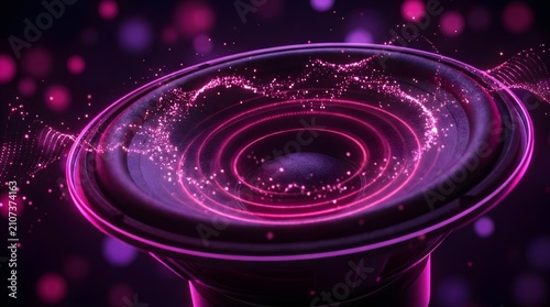 Speaker with magenta sound waves and particles