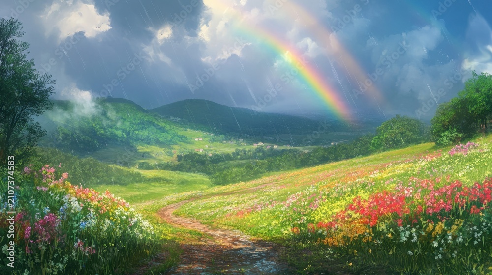 Obraz premium Vibrant spring meadow with rainbow, flowers, and mountains in rain