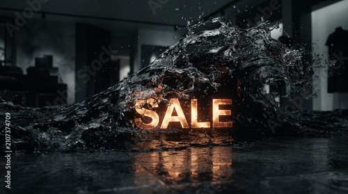 An impactful visual representing a massive water wave crashing with the word SALE glowing from within, creating a dramatic and urgent commercial message.
