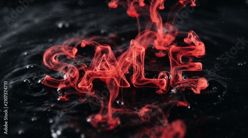 The word SALE dissolving in vibrant red ink, creating an abstract and dynamic visual. The ink swirls and spreads in dark water, offering a dramatic and attention-grabbing effect