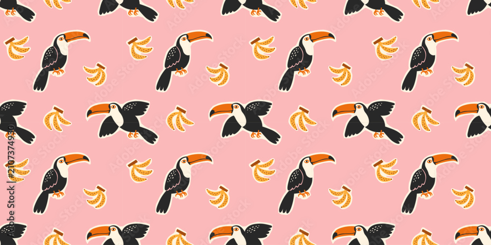 Obraz premium Retro hand drawn toucan seamless pattern. Cartoon style bird background illustration. Vintage exotic toucans textile print collection. Jungle animal texture.