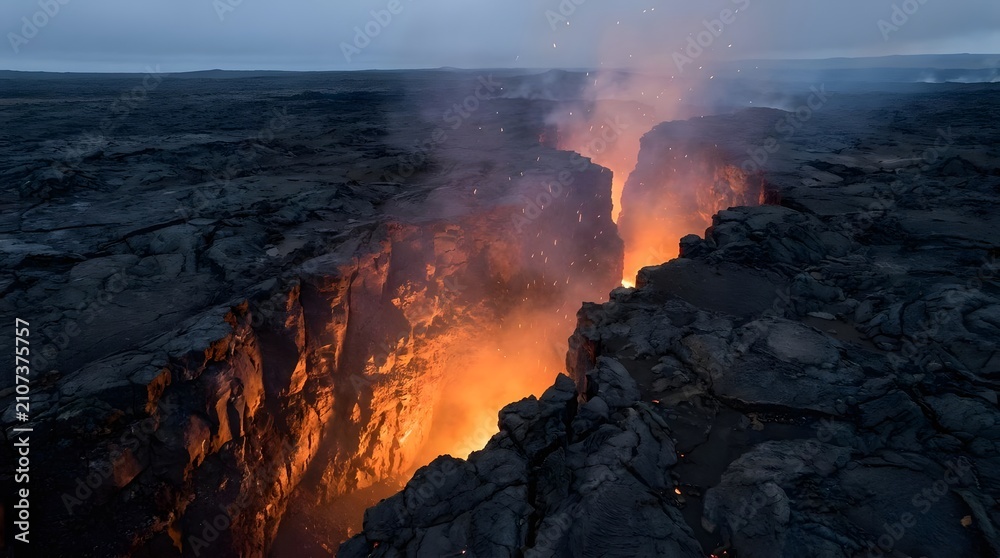 Fototapeta premium Molten lava glowing within a volcanic fissure