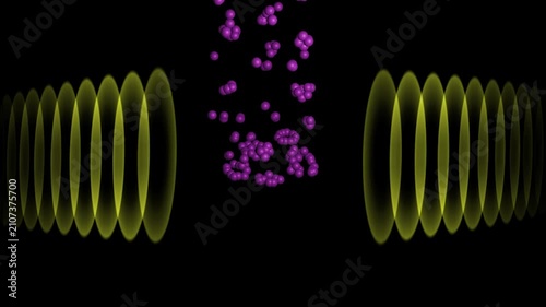 Acoustophoresis of multiple particles within sound field. 3d animation render.