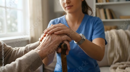 Caregiver holding hands of elderly person with cane